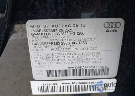 2012 Audi Q5 3.2 Premium z USA, uszkodzony, nr VIN WA1WKAFP5CA115619